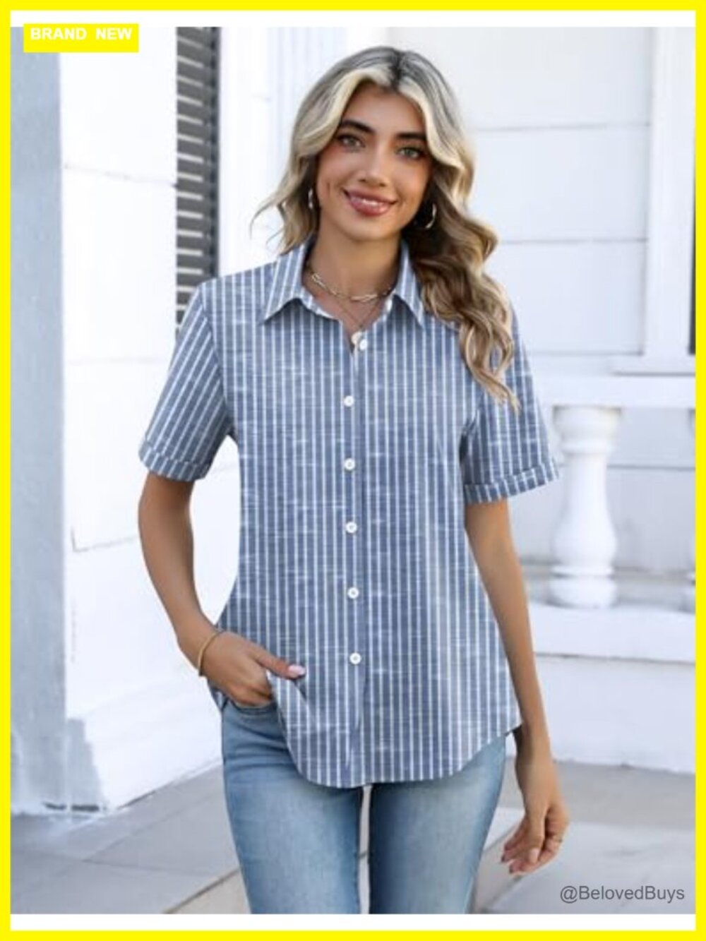 Women's Button Down Short Sleeve Blouse Dressy Casual V-Neck with Roll-Up Cuffs - Picture 4 of 4